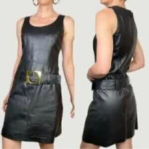 Cache Vintage Y2K Lamb Leather Sleeveless Dress With Gold Belt & Loops Size 2